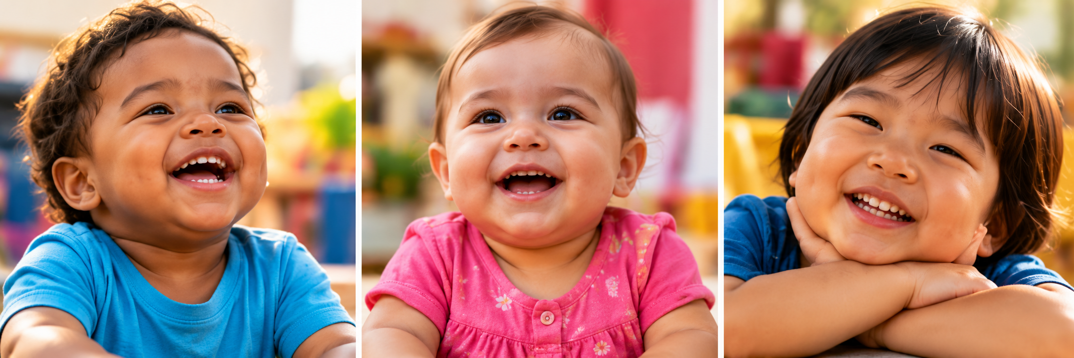 Criança sorrindo, de camisa azul; Bebê sorrindo, de rosa; Criança sorrindo, de azul